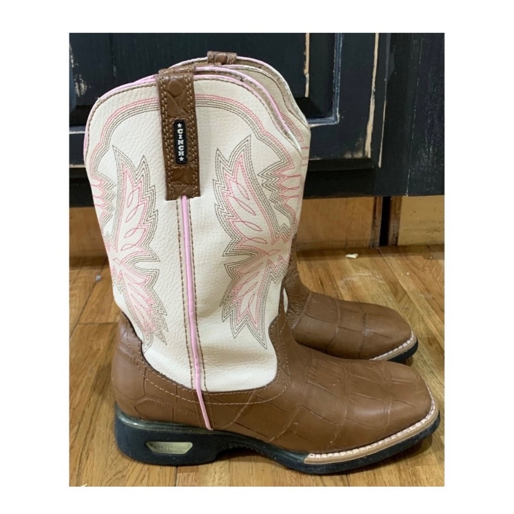 Cinch Girls Western Cowboy Boots Pink Leather Square Toe- 2.5M